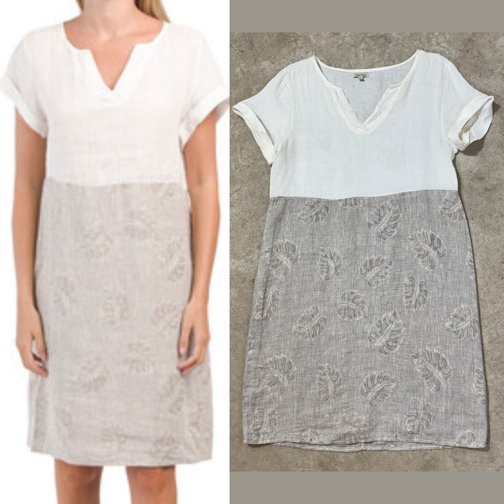 Lina Tomei Linen Embroidered Dress Women’s Medium White Brown Floral V-Neck